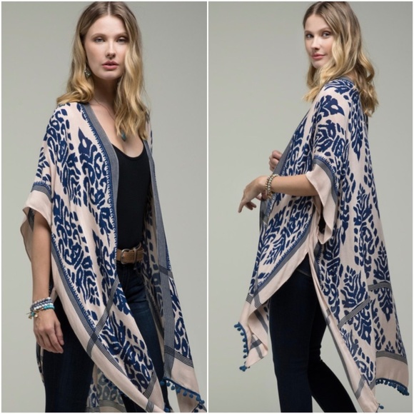 BellanBlue Tops - 05 Bohemian Print Pom Pom Hem Open Kimono Cover up